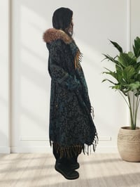 Image 5 of Blue Paisley Hooded Festival Coat – Acrylic Wool Wizard Cloak, Boho Fur Fringe Jacket