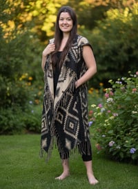 Image 9 of Hooded Fringe Vest, Bohemian Tribal Duster Sleeveless Cloak - Black Tan - Geometric Pattern
