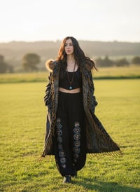 Image 7 of Hooded Festival Wizard Coat Boho Paisley Cloak Jacket Faux Fur Fringe Winter Coat Blue Green
