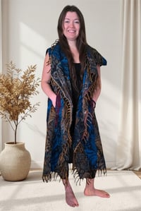 Image 9 of Hooded Fringe Vest, Bohemian Festival Duster Cloak, Blue-Multi