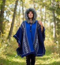 Image 2 of Handwoven Wool Poncho, Faux Fur Hood, Festival Winter Wear - Blue