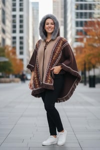 Image 4 of Handwoven Wool Poncho, Faux Fur Hood, Festival Winter Wear - Brown