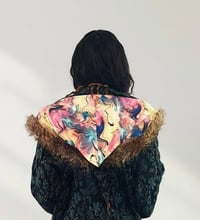 Image 6 of Blue Paisley Hooded Festival Coat – Acrylic Wool Wizard Cloak, Boho Fur Fringe Jacket