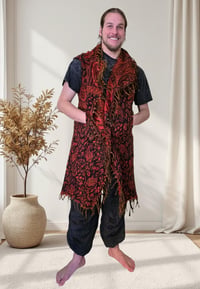 Image 6 of Festival Hooded Fringe Vest, Bohemian Paisley Long Vest Cloak, Orange-Red