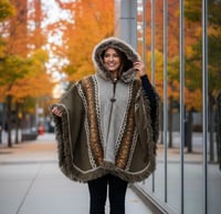 Image 3 of Handwoven Wool Poncho, Faux Fur Hood, Festival Winter Wear - Earthy Green