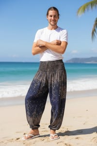 Image 1 of Boho Harem Pants Starry Night Print | High Crotch Elastic Waist - Navy Blue