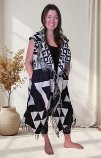 Image 8 of Festival Vest Black and White, Geometric Hooded Duster Cloak