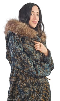 Image 8 of Hooded Festival Wizard Coat Boho Paisley Cloak Jacket Faux Fur Fringe Winter Coat Blue Green