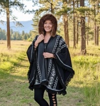 Image 2 of Handwoven Wool Poncho, Faux Fur Hood, Festival Winter Wear - Black & Gray 