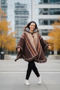 Image 5 of Handwoven Wool Poncho, Faux Fur Hood, Festival Winter Wear - Brown