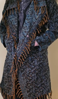 Image 8 of Blue Paisley Hooded Festival Coat – Acrylic Wool Wizard Cloak, Boho Fur Fringe Jacket