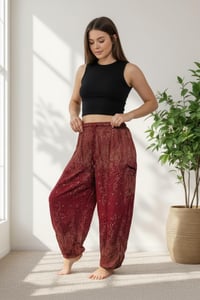 Image 6 of Starry Night Harem Pants with Pockets, Boho Festival Trousers, Unisex Lounge Wear - Red