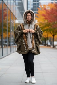 Image 4 of Handwoven Wool Poncho, Faux Fur Hood, Festival Winter Wear - Earthy Green