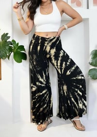 Image 4 of Boho Tie Dye Flare Pants – Black Cream Festival Palazzo Trousers - 413