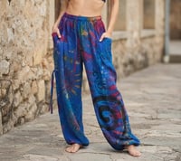Image 2 of Thai Tie Dye Psy Pants Cotton – Relaxed Fit Festival Trousers Cinch with Pockets - Blue - 474