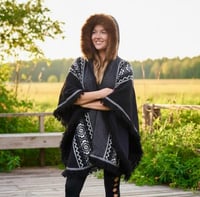 Image 3 of Handwoven Wool Poncho, Faux Fur Hood, Festival Winter Wear - Black & Gray 