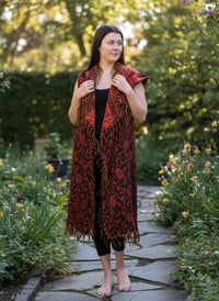 Image 7 of Festival Hooded Fringe Vest, Bohemian Paisley Long Vest Cloak, Orange-Red