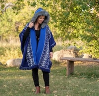 Image 3 of Handwoven Wool Poncho, Faux Fur Hood, Festival Winter Wear - Blue