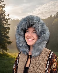 Image 6 of Handwoven Wool Poncho, Faux Fur Hood, Festival Winter Wear - Brown