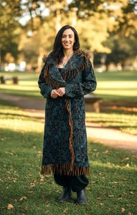 Image 10 of Blue Paisley Hooded Festival Coat – Acrylic Wool Wizard Cloak, Boho Fur Fringe Jacket