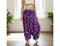 Image 1 of Mushroom Harem Pants Cotton from India – Deep Crotch Boho Yoga Pants - Purple - 442