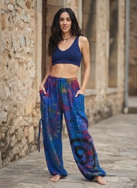 Image 5 of Thai Tie Dye Psy Pants Cotton – Relaxed Fit Festival Trousers Cinch with Pockets - Blue - 474