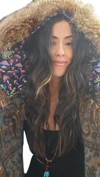 Image 9 of Hooded Festival Wizard Coat Boho Paisley Cloak Jacket Faux Fur Fringe Winter Coat Blue Green