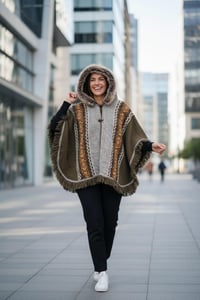 Image 5 of Handwoven Wool Poncho, Faux Fur Hood, Festival Winter Wear - Earthy Green