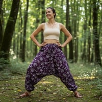 Image 2 of Mushroom Harem Pants Cotton from India – Deep Crotch Boho Yoga Pants - Purple - 442