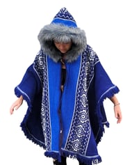 Image 5 of Handwoven Wool Poncho, Faux Fur Hood, Festival Winter Wear - Blue