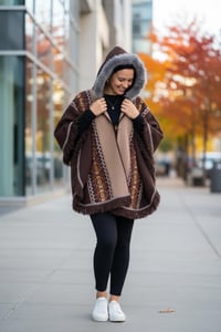 Image 7 of Handwoven Wool Poncho, Faux Fur Hood, Festival Winter Wear - Brown
