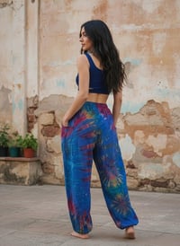 Image 6 of Thai Tie Dye Psy Pants Cotton – Relaxed Fit Festival Trousers Cinch with Pockets - Blue - 474