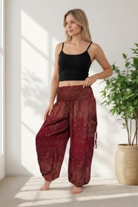 Image 8 of Starry Night Harem Pants with Pockets, Boho Festival Trousers, Unisex Lounge Wear - Red