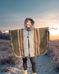 Image 1 of Handwoven Wool Poncho, Faux Fur Hood, Festival Winter Wear - Earthy Green
