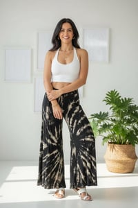 Image 1 of Boho Tie Dye Flare Pants – Black Cream Festival Palazzo Trousers - 413