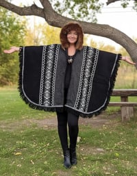 Image 4 of Handwoven Wool Poncho, Faux Fur Hood, Festival Winter Wear - Black & Gray 