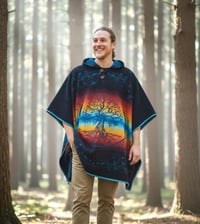 Image 1 of Tree of Life Warm Hooded Festival Poncho - Blue