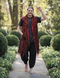 Image 8 of Festival Hooded Fringe Vest, Bohemian Paisley Long Vest Cloak, Orange-Red