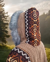 Image 8 of Handwoven Wool Poncho, Faux Fur Hood, Festival Winter Wear - Brown