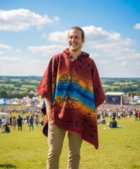 Image 4 of Tree of Life Warm Hooded Festival Poncho - Red