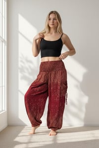Image 9 of Starry Night Harem Pants with Pockets, Boho Festival Trousers, Unisex Lounge Wear - Red