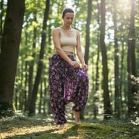 Image 4 of Mushroom Harem Pants Cotton from India – Deep Crotch Boho Yoga Pants - Purple - 442