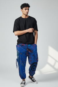 Image 8 of Thai Tie Dye Psy Pants Cotton – Relaxed Fit Festival Trousers Cinch with Pockets - Blue - 474