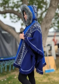 Image 9 of Handwoven Wool Poncho, Faux Fur Hood, Festival Winter Wear - Blue