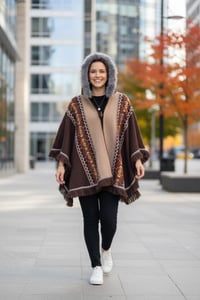 Image 9 of Handwoven Wool Poncho, Faux Fur Hood, Festival Winter Wear - Brown
