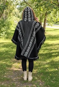 Image 5 of Handwoven Wool Poncho, Faux Fur Hood, Festival Winter Wear - Black & Gray 