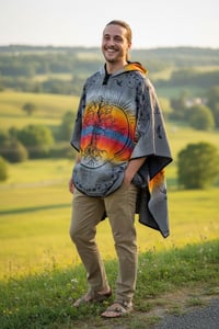 Image 2 of Tree of Life Warm Hooded Festival Poncho - Grey