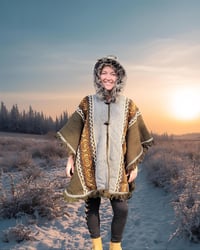 Image 6 of Handwoven Wool Poncho, Faux Fur Hood, Festival Winter Wear - Earthy Green