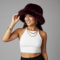 Image 2 of Black Burgundy Faux Fur Festival Hat – Fluffy Rave Bucket Hat, Winter Headwear - 162