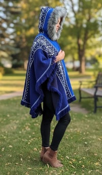 Image 10 of Handwoven Wool Poncho, Faux Fur Hood, Festival Winter Wear - Blue